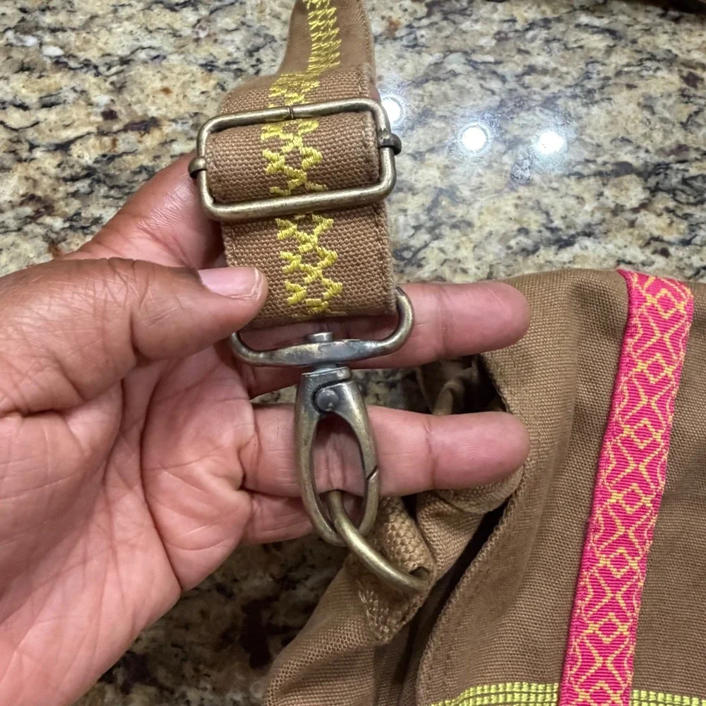 American Girl Brown Canvas Messenger Crossbody Bag Pink Yellow Embroidery Kids